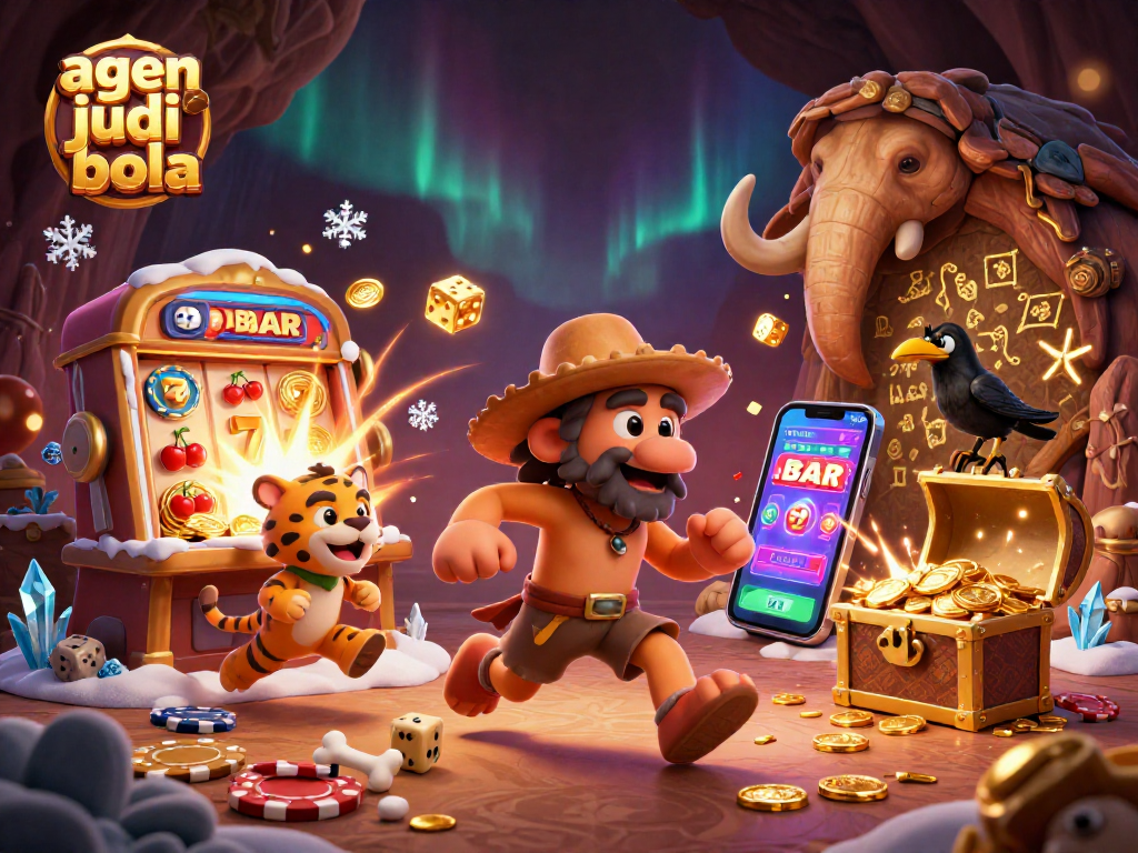 Experience thrilling wins in a dynamic illustration showcasing agen judi bola activities, featuring vibrant casino elements.