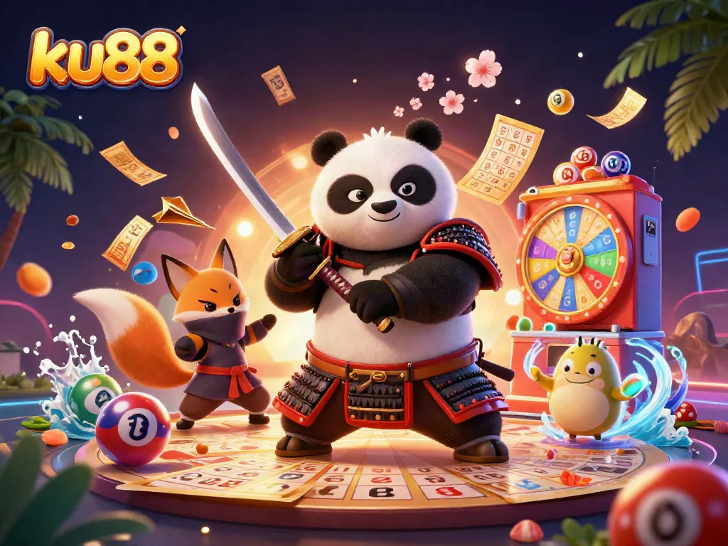 Engage in thrilling lottery excitement with colorful elements centered around ku88 in a vibrant 3D illustration.