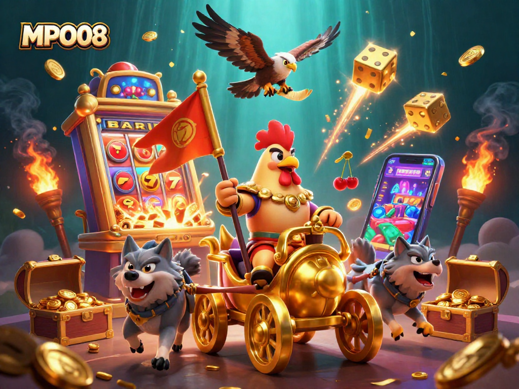 MPO08 offers an exciting gaming experience with a dynamic jackpot scene featuring slot machines and golden elements.