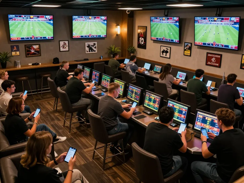 Engaged bettors in a lively betting lounge strategizing and placing bets at keonhacaii88