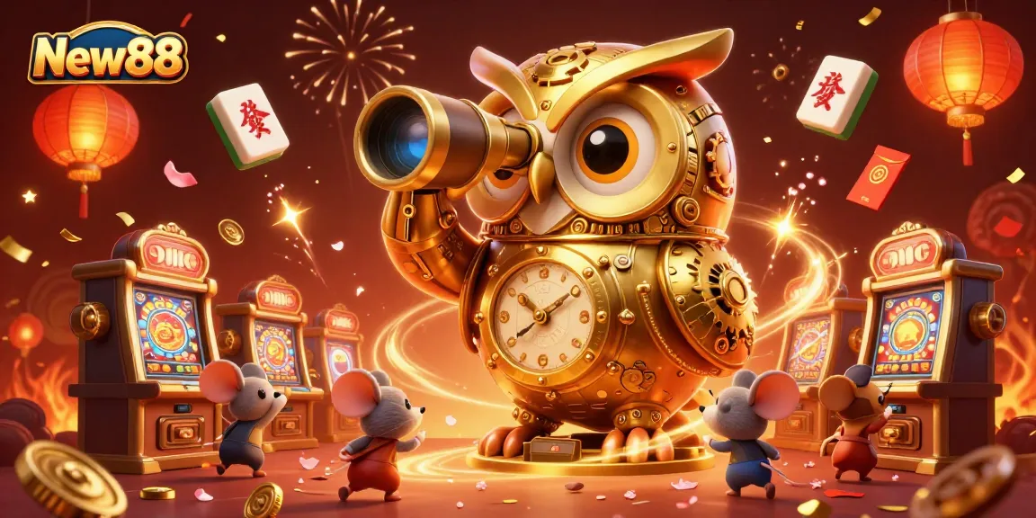 Experience the excitement of New88 with a dynamic casino scene featuring a golden owl and whimsical patrons.