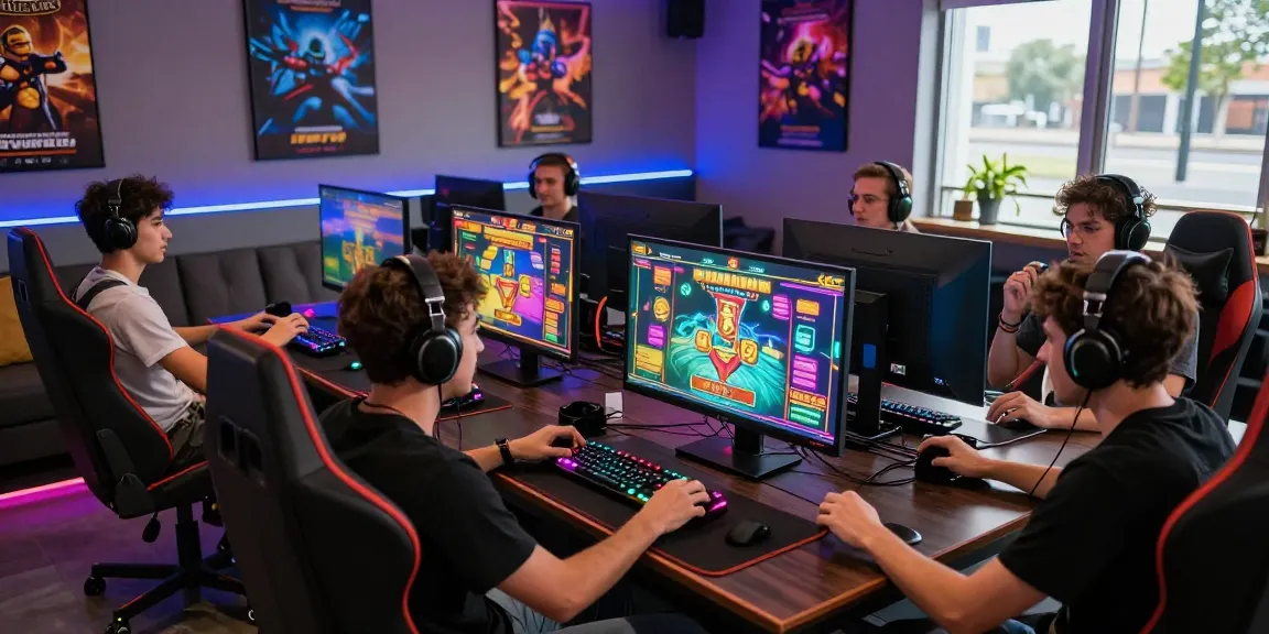 Engaged gamers exploring https://rokok88.hot slot games in a modern gaming lounge.