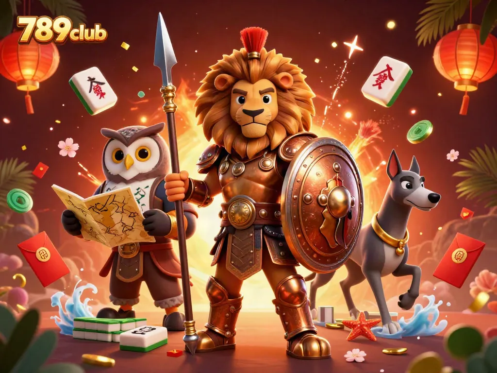 Engage in thrilling gameplay with the 789club lion, owl, and greyhound amidst dazzling casino elements.
