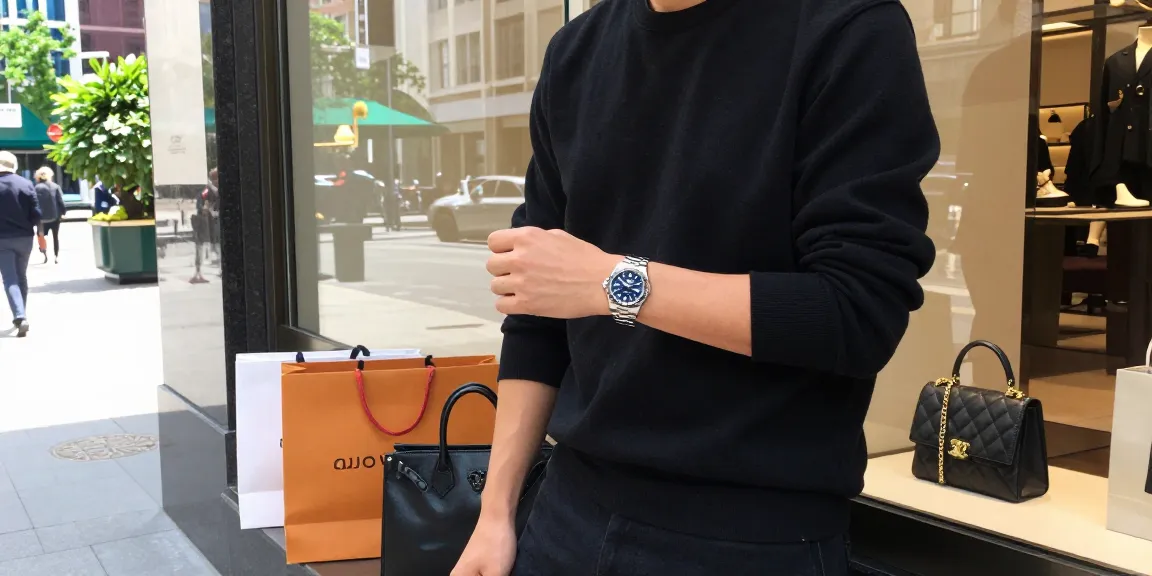 Person wearing a rolex super clone watch while leaning against a glass storefront, surrounded by luxury shopping bags.