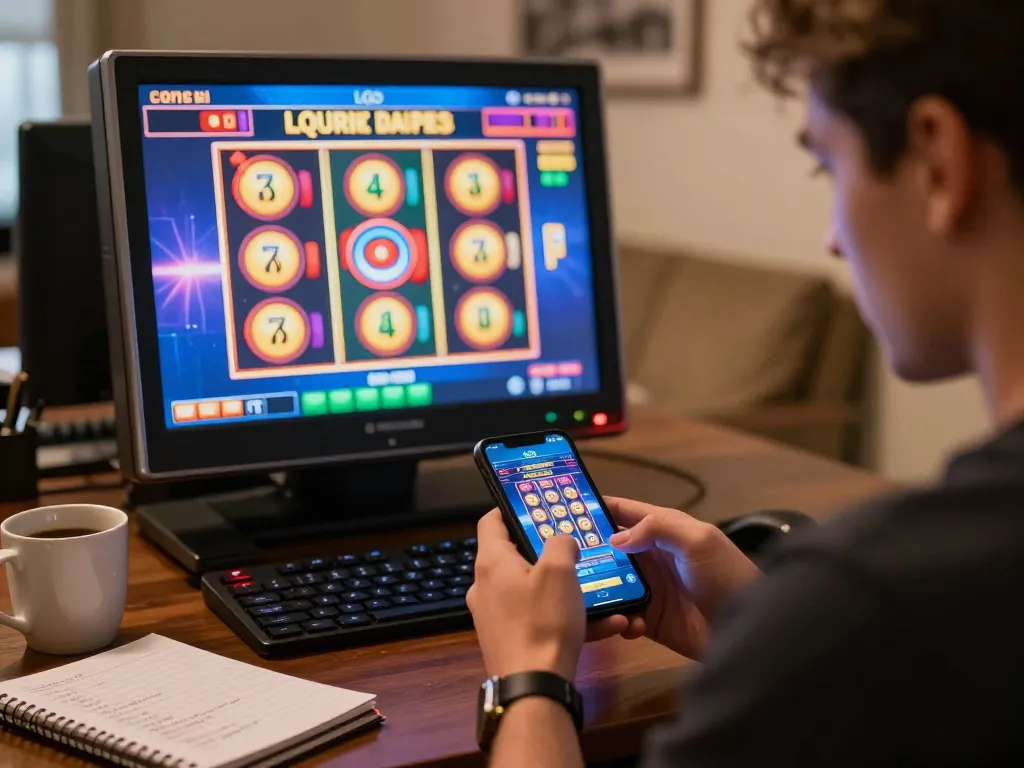 Engaged player using LGO SUPER app for online slots on smartphone, showcasing colorful game interface