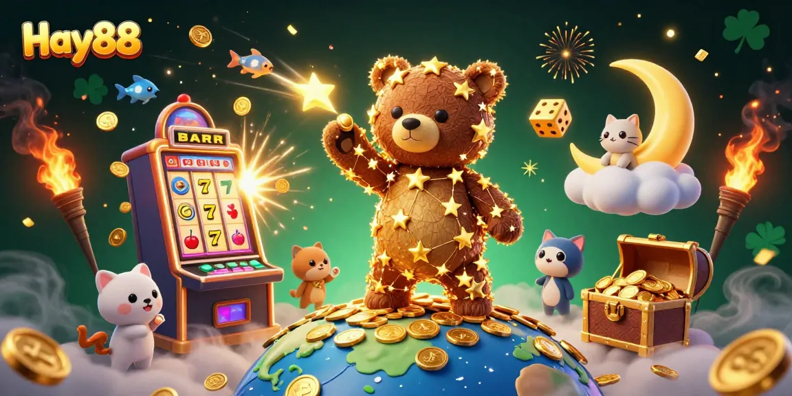 Experience the excitement of Hay88 with a vibrant illustration of cosmic characters celebrating casino winnings and gameplay.