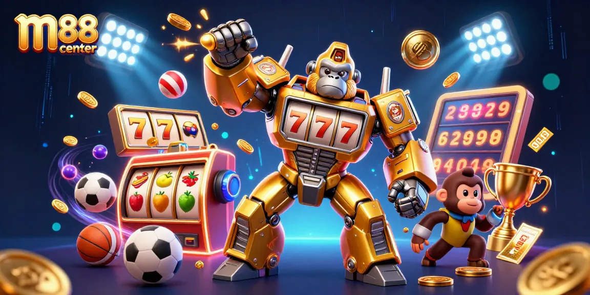 Engage in vibrant gaming excitement at m88 center with dynamic slot game elements and a golden gorilla mech.