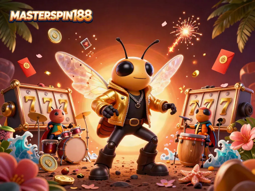 Engage with MASTERSPIN188's lively casino scene featuring a vibrant cicada rock star and dynamic game elements.