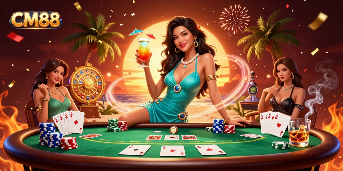 Experience vibrant gaming action with CM88 at a lively beach casino setting, showcasing a glamorous player.