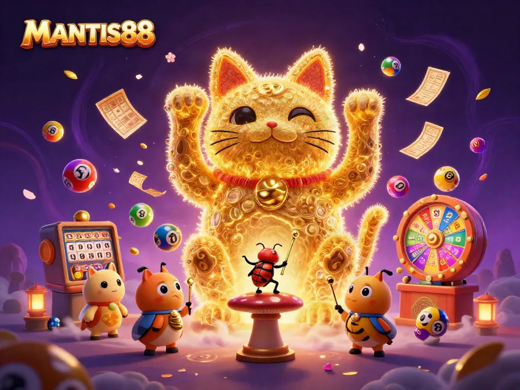MANTIS88 showcases a giant lucky cat formed by golden fireflies, surrounded by vibrant casino symbols and lottery elements.