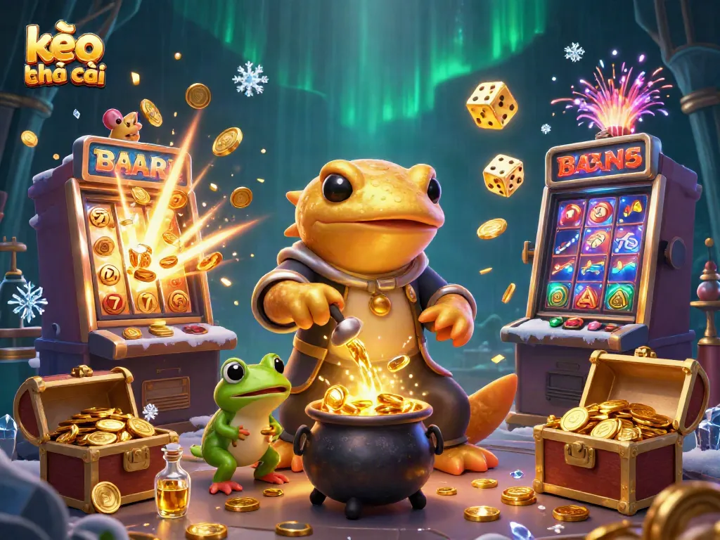 Experience the excitement of kèo nhà cái with a dynamic scene featuring alchemical gold creation amidst vibrant casino elements.
