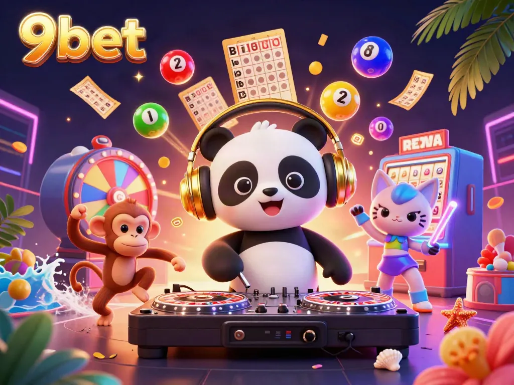Experience the vibrant thrill of winning at 9bet with a DJ panda and dancing characters surrounded by colorful game elements.