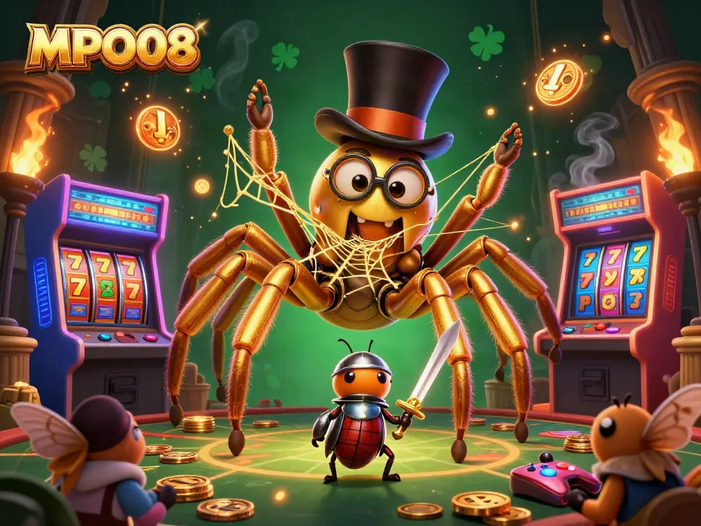 MPO08 showcases a golden tarantula and brave beetle knight in a vibrant casino scene filled with arcade games.