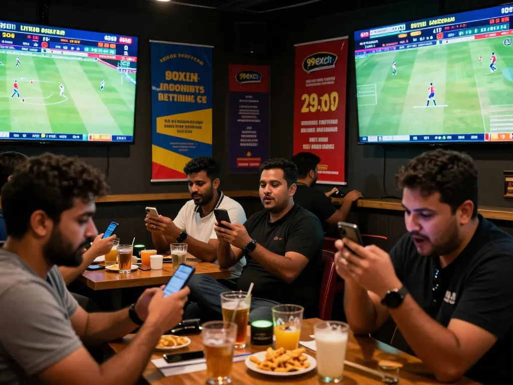 Fans enjoying 99exch live betting while cheering for their favorite teams in a vibrant sports lounge.