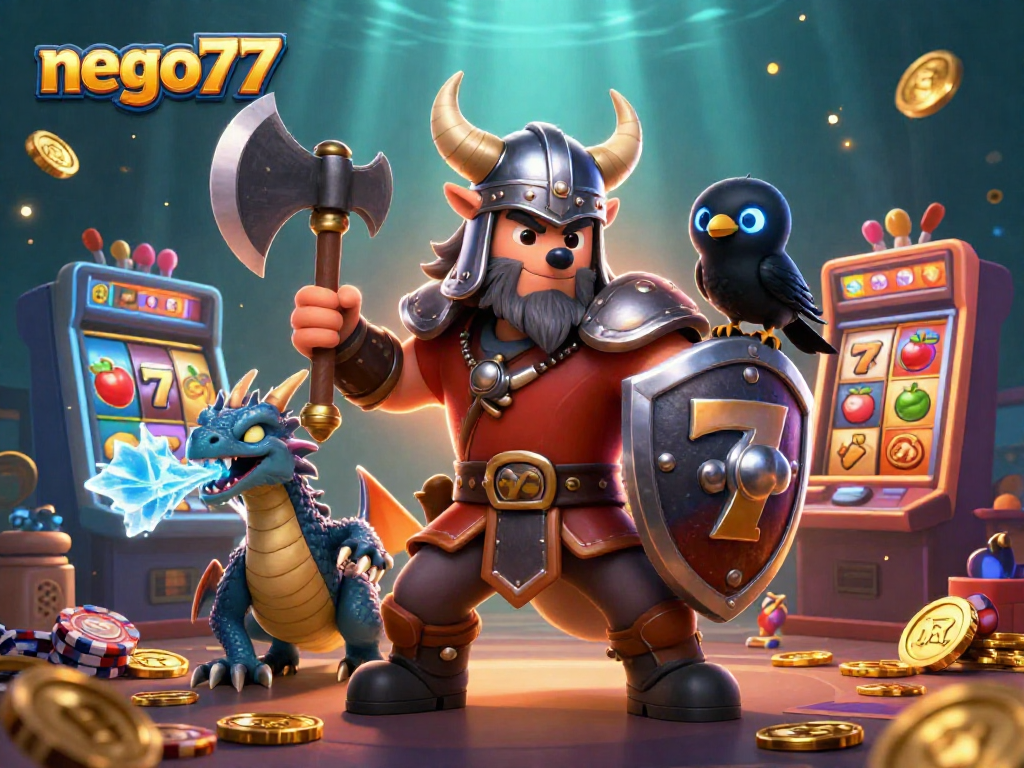 Experience the thrilling world of gambling with nego77 featuring slot reels and a dynamic Viking warrior scene.