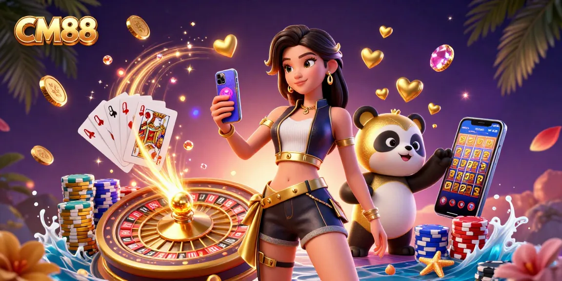 CM88 showcases an Asian woman enjoying a casino game amidst golden coins, vibrant poker chips, and a playful panda.