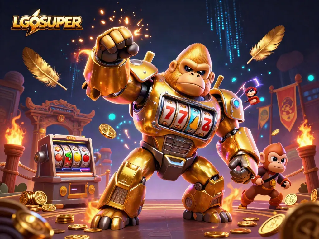 Experience winning thrills with LGOSUPER's exciting golden gorilla mech in a vibrant casino scene.
