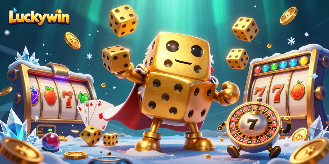 Experience the excitement of Luckywin with golden dice and slot games in this vibrant scene.