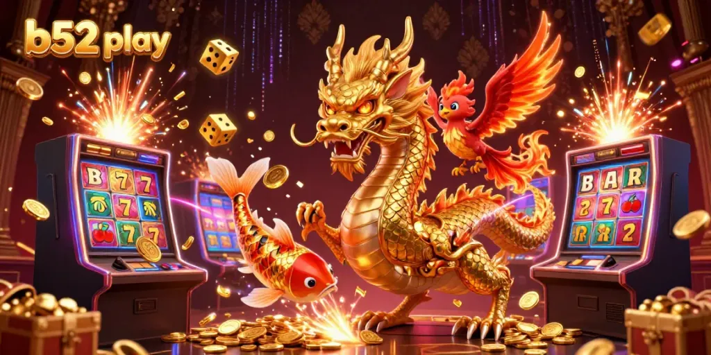 Engage with b52 play as vibrant casino characters interact amidst a jackpot explosion, showcasing thrilling gaming experience.