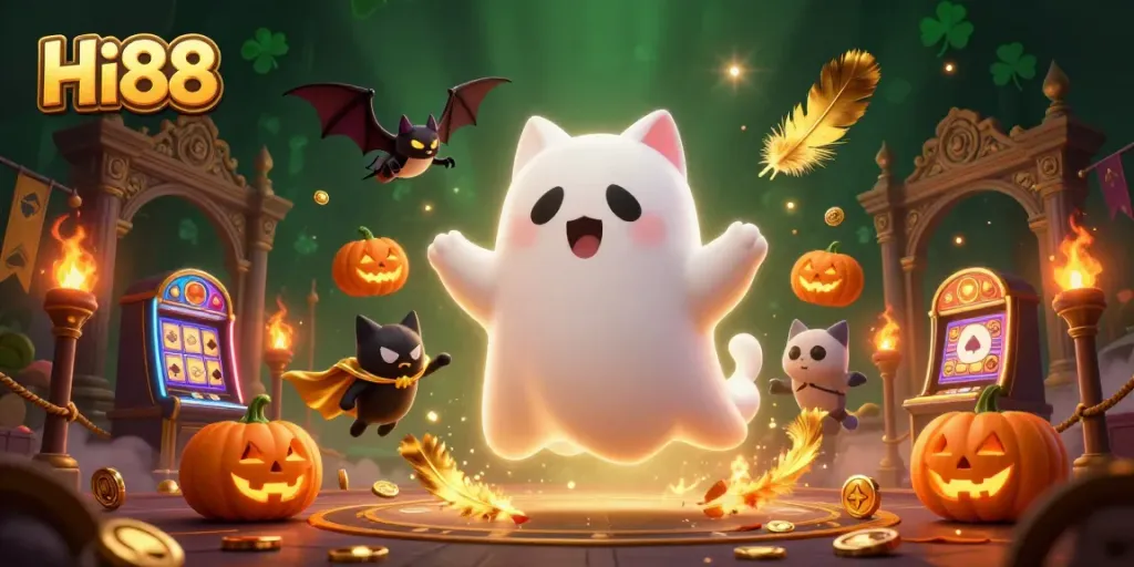 Catch the excitement with Hi88's ghost cat and vampire bat in a vibrant haunted casino!