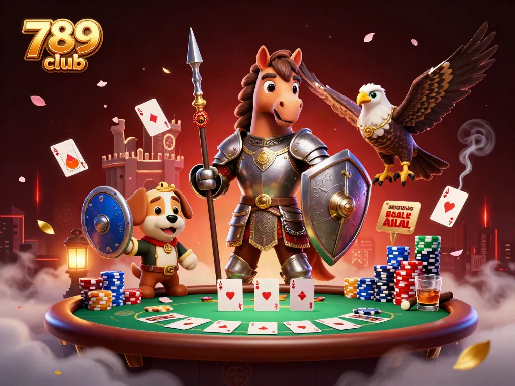 Experience thrilling gaming at 789 club with a knight, puppy, and falcon in a dynamic casino scene.