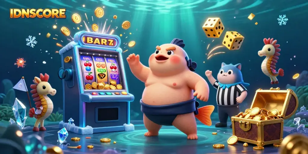 Engage with IDNSCORE in an exciting underwater casino scene featuring a blowfish and vibrant gameplay elements.