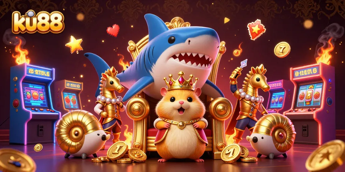 ku88 showcases vibrant 3D casino elements with a golden hamster king and arcade machines.