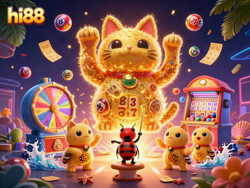 Experience winning moments at hi88 with vibrant gaming elements like a lucky cat and lottery balls.