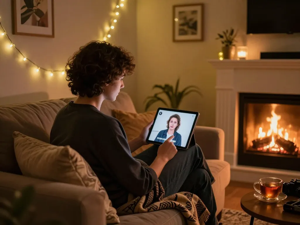 Engaging in intimate ai porn chat on a tablet in a cozy, ambient setting with warm lights.