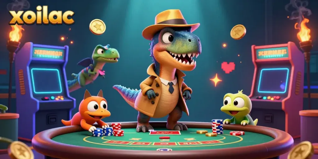 Experience the thrilling action at Xoilac with a velociraptor at a blackjack table, alongside a suspicious stegosaurus pit boss and a sneaky compy pickpocket.