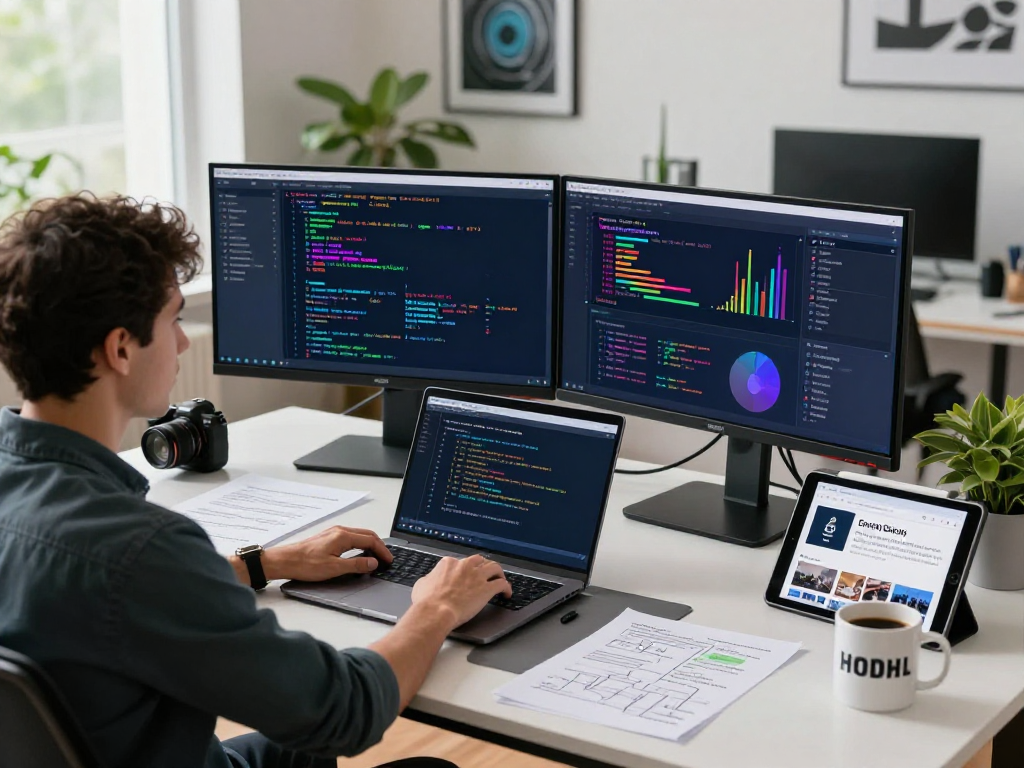 Tornardocash Tornado Cash workspace with a developer analyzing crypto transactions on dual monitors in a modern office environment.