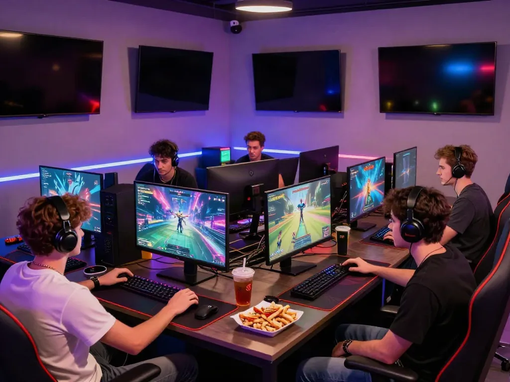 Men enjoying multiplayer gaming experience at Manclub with vibrant atmosphere.