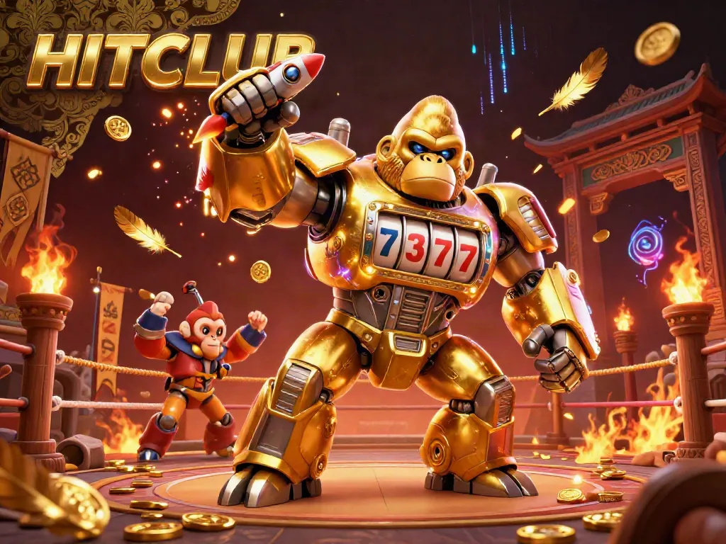 Experience the excitement at HITCLUB with a golden gorilla mech and casino-themed elements bursting with energy.