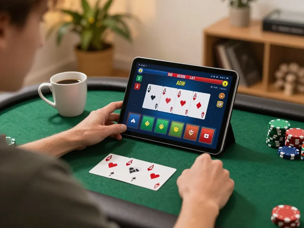 LGO GOAL gameplay strategy displayed on a tablet during an engaging online poker session at home.