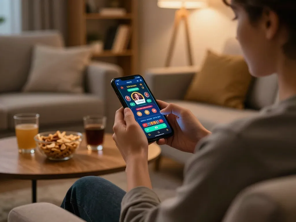 Enjoying sun win online casino action on a smartphone in a cozy home setting.