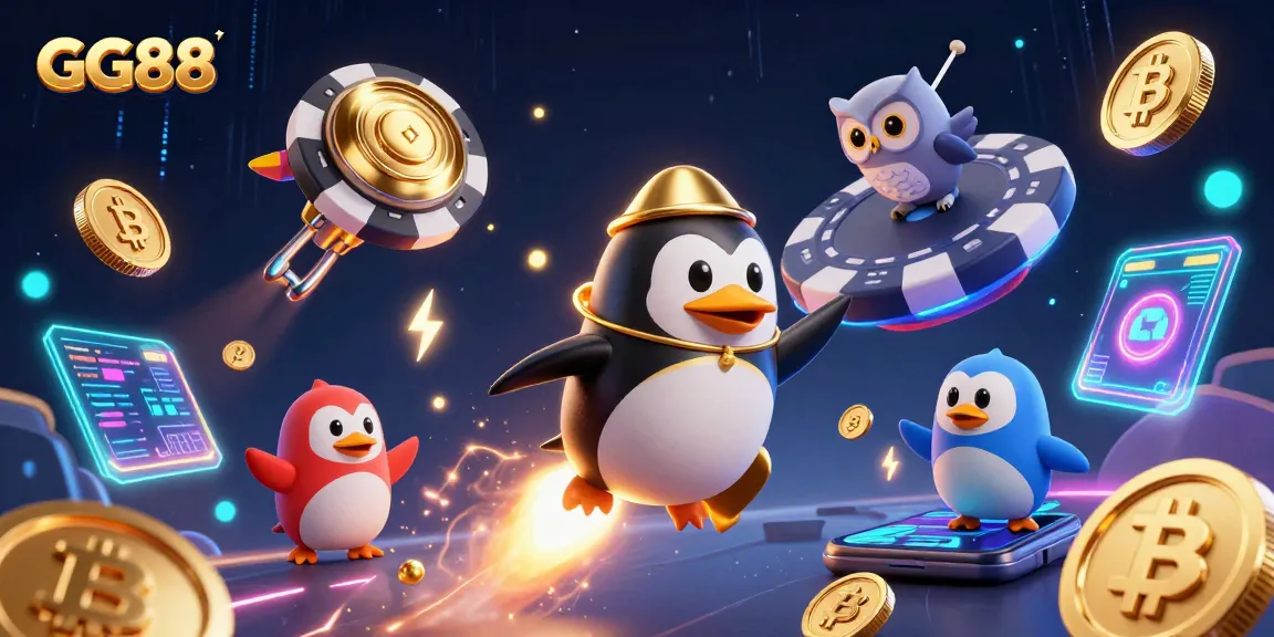 GG88 casino features a golden penguin in space with Bitcoin and Ethereum coins.
