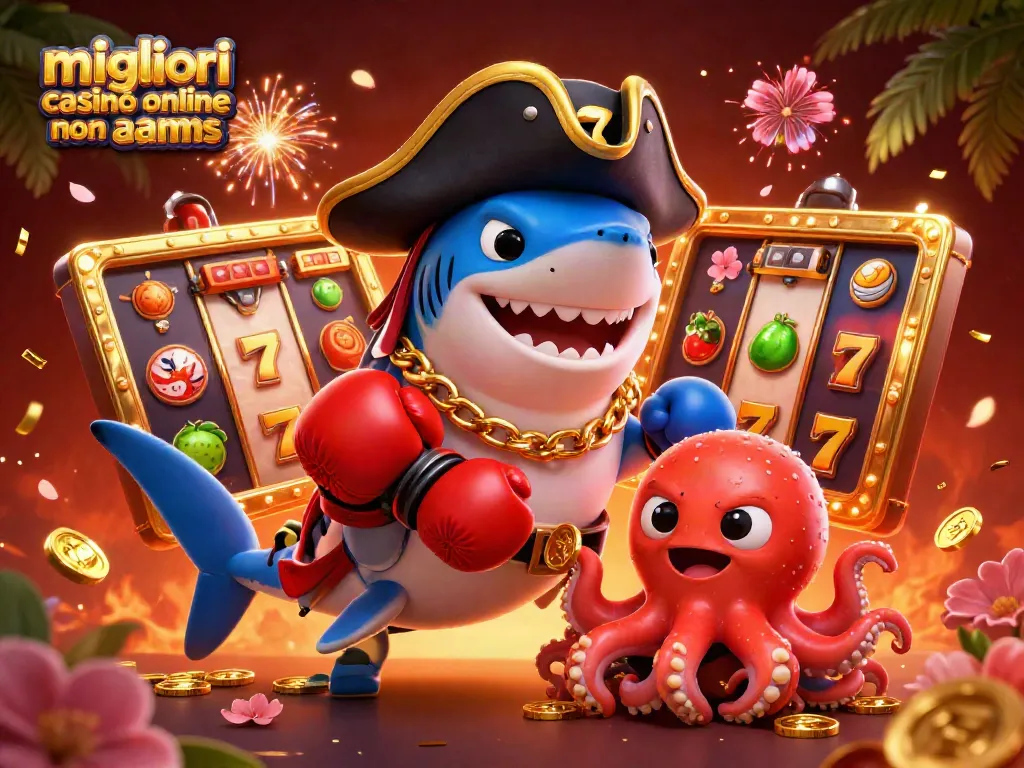 I migliori casinò online non AAMS rivelano un'atmosfera vivace con simboli delle slot e la presenza di un pesce pirata e un polpo.