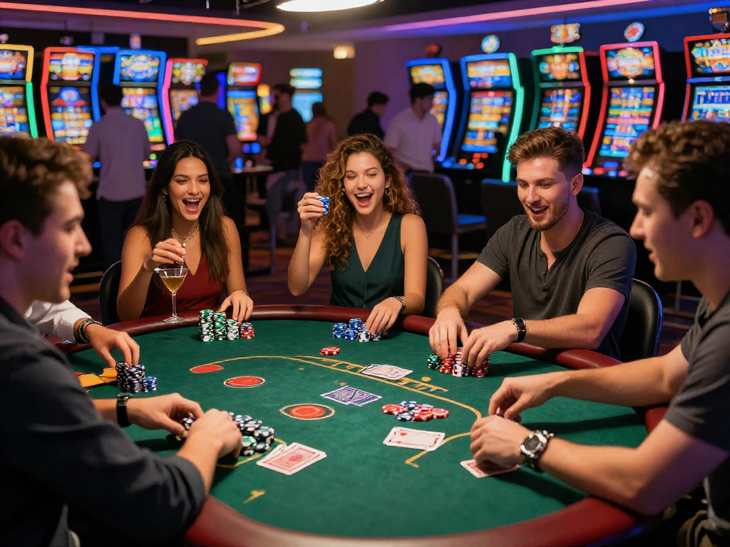 Friends celebrating at an oxbet poker table in a lively casino atmosphere.