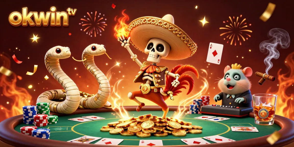 Experience the thrill of okwin tv with a dynamic casino scene filled with festive characters and poker elements.