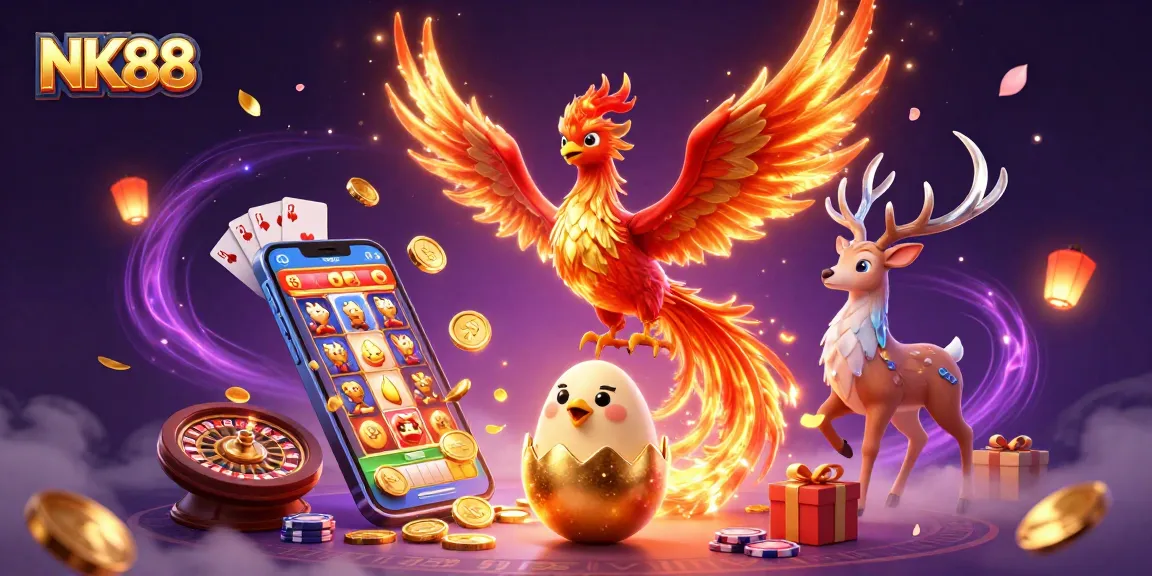 Experience the magic of NK88 casino games with vibrant 3D phoenix, slots, and winnings!