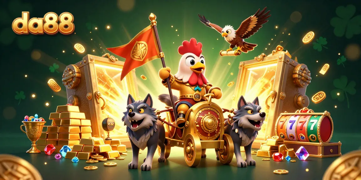 Engage in thrilling casino adventures with da88, featuring a rooster warlord, golden chariot, and luxurious treasures.