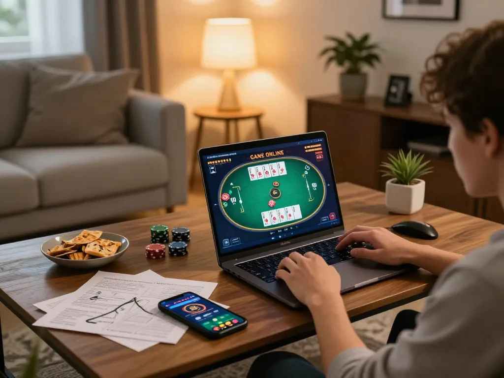 Engaging in GAME ONLINE at home on a laptop with poker game interface, cozy atmosphere.