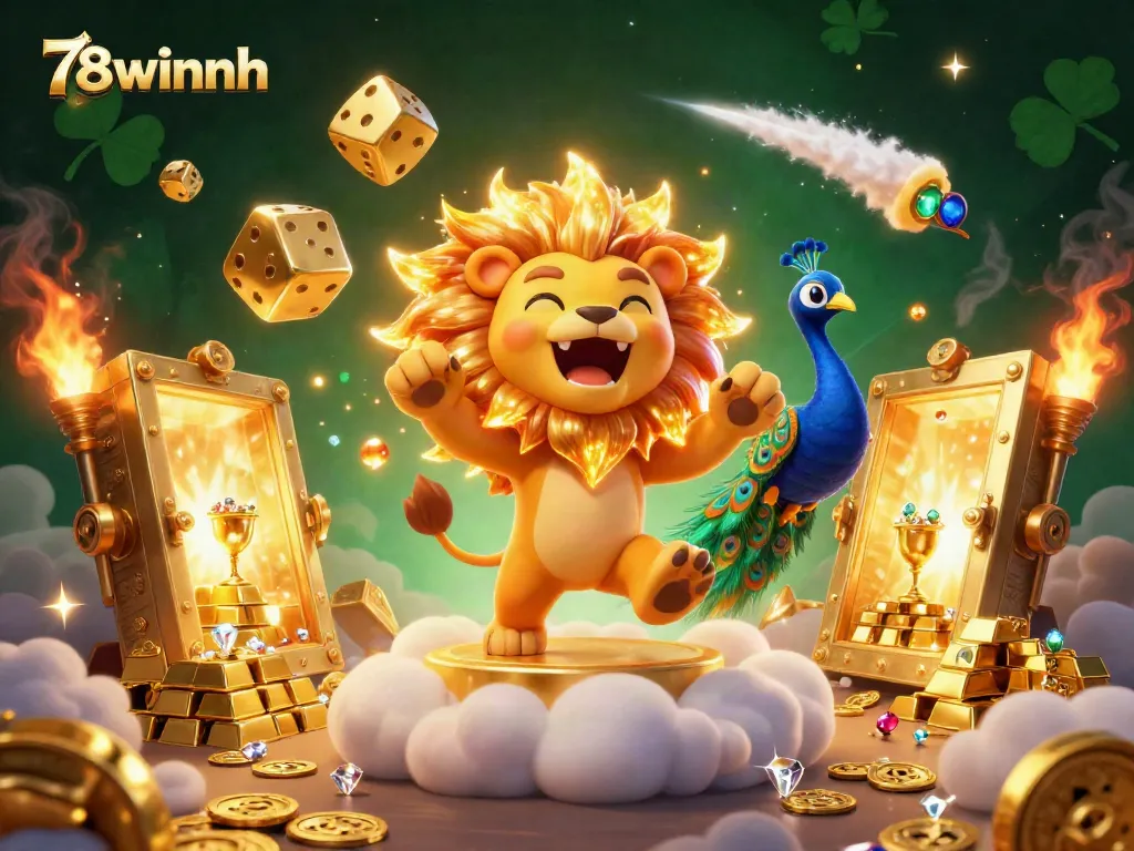 Engage with the thrilling world of 78winnh through an energetic casino scene featuring a roaring sun lion and golden treasures.