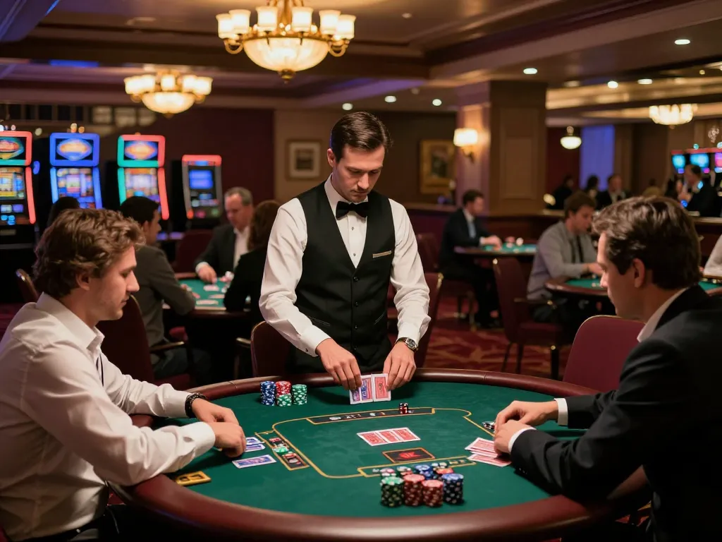 LGO SUPER gaming action with players at a polished poker table amidst an upscale casino ambiance