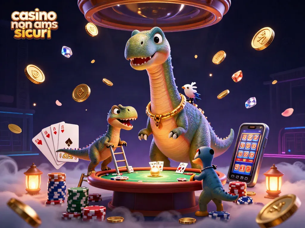 I giocatori che si divertono nei casino non AAMS sicuri, circondati da monete e carte volanti.