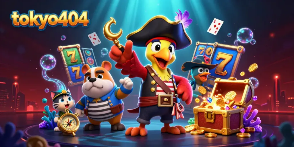Experience thrilling action at tokyo404, featuring vibrant slot reels and colorful characters in a lively casino scene.