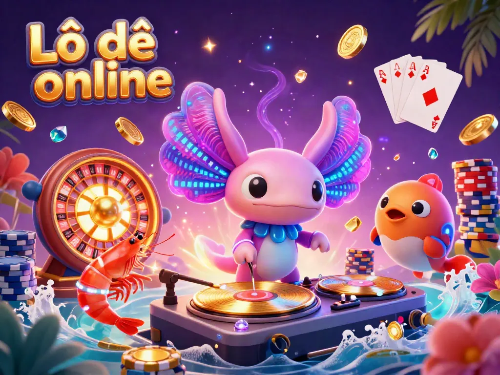 Experience the excitement of Lô đề online with a vibrant 3D illustration featuring a DJ axolotl and colorful gaming elements.