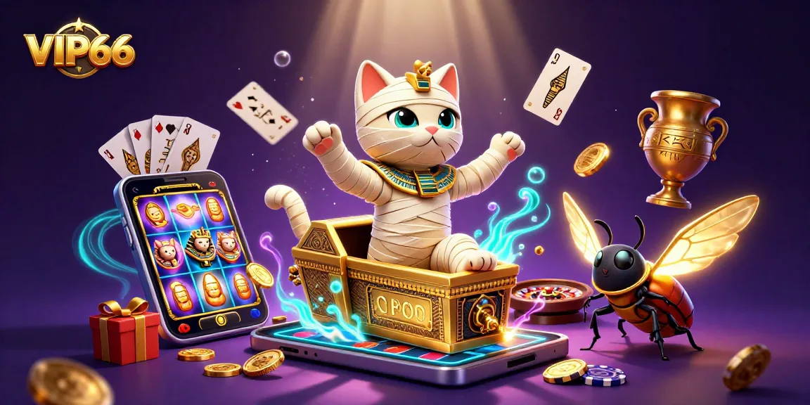 Engage with VIP66's thrilling casino experience led by a luminous Egyptian mummy cat.