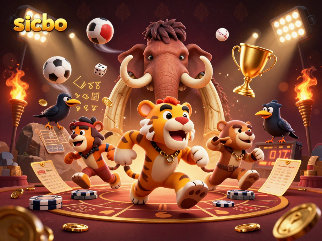 Experience sicbo action with a dynamic 3D casino illustration featuring cavemen, sports balls, and gold elements.