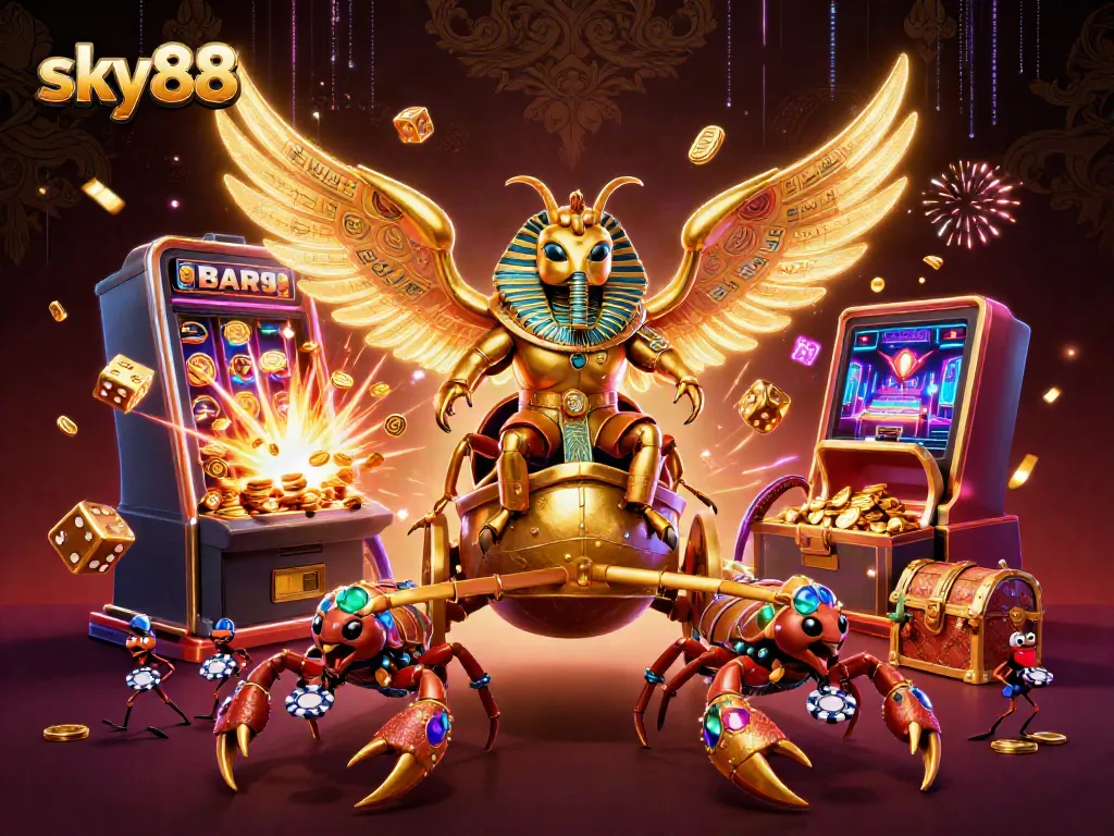 Engage with sky88's thrilling casino world through a dynamic illustration featuring exotic elements.